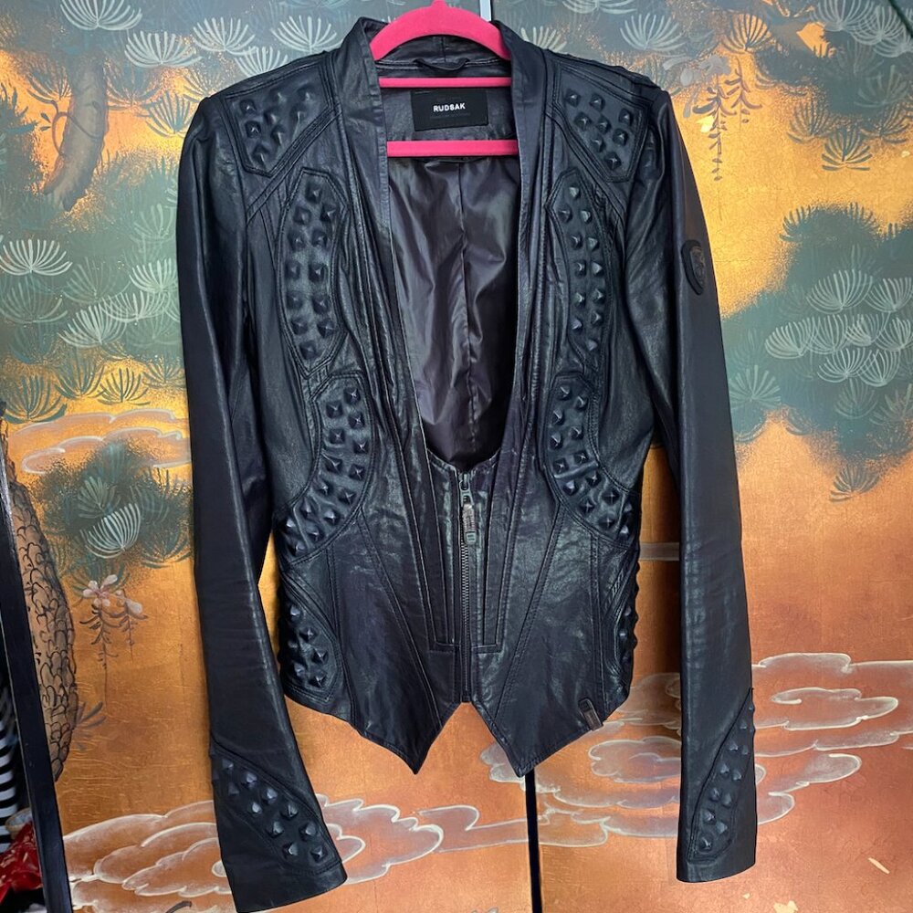 RARE Rudsak French Designer " Studded " Butter Soft Black Leather Jacket XS w/ - Picture 2 of 9